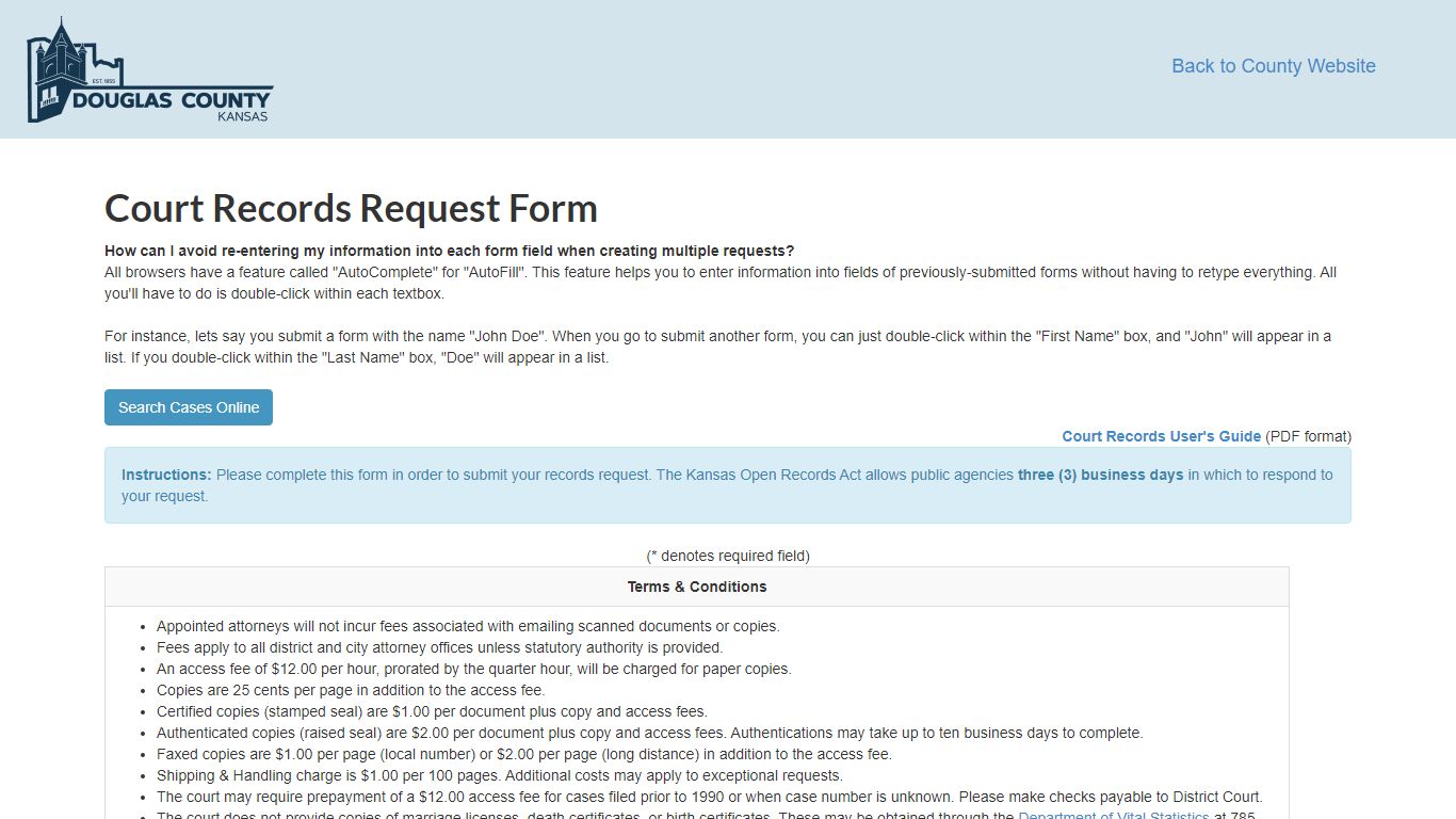 Court Records Request Form - Douglas County, Kansas